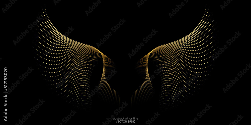 Poster abstract symmetry bird wings dots line pattern luxury gold light isolated on black background. vecto