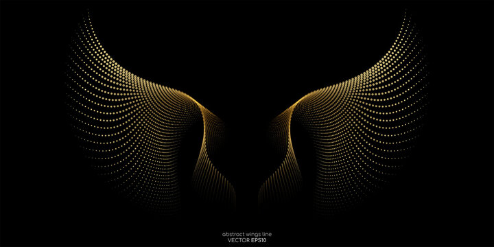 Abstract symmetry bird wings dots line pattern luxury gold light isolated on black background. Vector illustration.