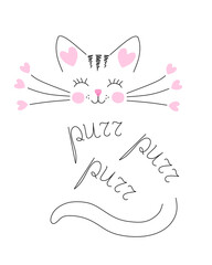 Purring cat with pink hearts, drawn in black outline on a white background in vector. Print for t-shirt, logo, postcard.