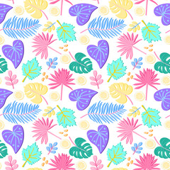 Fototapeta na wymiar Exotic pattern with tropical leaves of fantastic coloring on a white background in vector. Seamless natural print for fabric, wallpaper.
