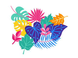 Fototapeta na wymiar Bright composition of abstract tropical leaves on a white background in vector. Exotic print for t-shirts, cards, invitations.