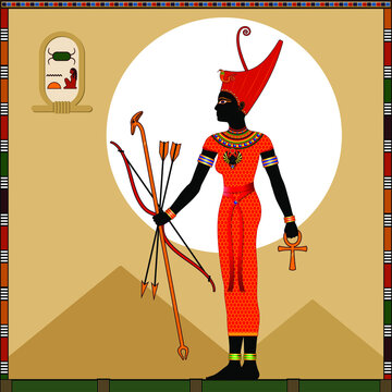 Religion of Ancient Egypt. Goddess Neith.
Neith is a ancient Egyptian goddess of wisdom, water, rivers, mothers, hunting, weaving, and war. Vector illustration.