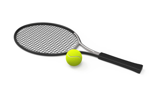 a tennis racket with a ball, isolated on a white background - a black and gray tennis racket with a yellow ball