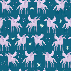 Pegasus with wings and horn. Black stylized horses. Seamless pattern. Vector.
