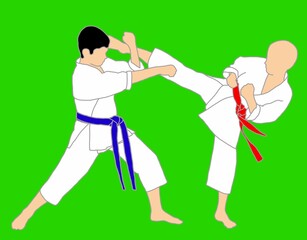 Illustration of two fighting athletes in kimonos with belts of different colors
