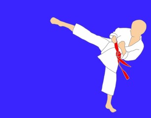 An athlete in a kimono and with a red belt makes a high kick.  Illustration