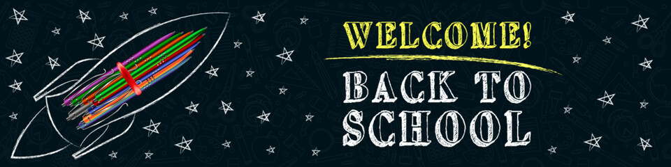 Back to school. A set of multi-colored pens gathered together. Outline drawn in chalk in the shape of a rocket. Website banner. Return to learning
