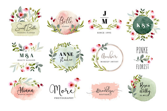 premade logo with pink green floral and brush stroke watercolor collection