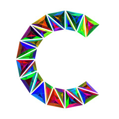 Letter C made of colored triangular crystals, isolated on white, 3d rendering
