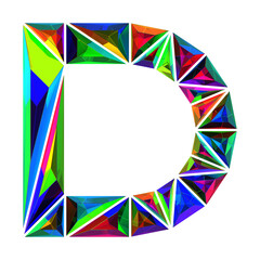 Letter D made of colored triangular crystals, isolated on white, 3d rendering