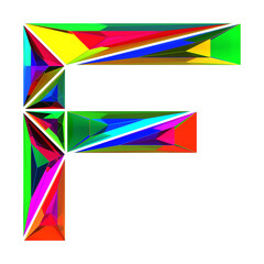 Letter F made of colored triangular crystals, isolated on white, 3d rendering