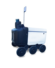 Fototapeta premium isolated image of an unmanned delivery robot on a white background. A messenger robot for delivering mail poisons and correspondence.