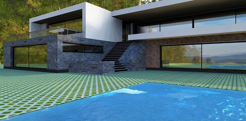 Advanced high-tech house in a dense pine forest. Flat roof, blue water swimming pool and spacious balconies. Finishing of old brick and artificial stone. Grass grows through paving stones. 3d render.