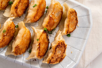 Pan-fried gyoza dumpling jiaozi in a plate with soy sauce on white table background.