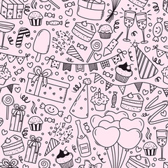 Vector seamless pattern with outline party doodles. Hand drawn birthday, anniversary, carnival, festival background. Texture for wrapping paper, wallpaper, textile