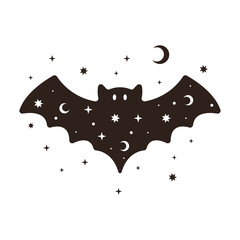 Vector illustration of cute halloween bat. Hand drawn magic character for kids. Spooky creature with stars and moon decor on wings