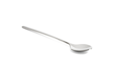 Clean shiny metal spoon isolated on white. Stainless steel small kitchen dessert teaspoon cut close...