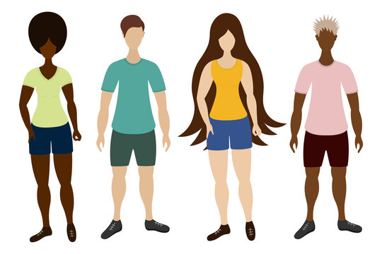 Girls and boys of different cultures and skin tones. Young people in sportswear. Color vector illustration. A group of athletes in t-shirts, shorts and sneakers. Isolated background. Flat style.