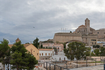 Dalt Vila neighborhood in the background its Virgen de las Nieves cathedral in the city of Ibiza