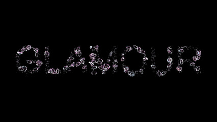 Fototapeta na wymiar glamour - text made of diamonds, on black backdrop, isolated - object 3D rendering