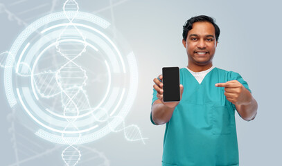 medicine, genetics and technology concept - happy smiling doctor or male nurse in blue uniform...