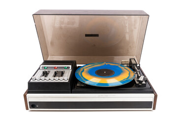 Fototapeta premium Vintage turntable record player with blue and orange vinyl