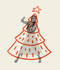 Contemporary art collage. Creative design. Cheerful, stylish, young woman dancing around drawn Christmas tree. Party evening