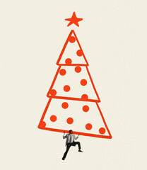 Contemporary art collage. Creative design. Businessman carrying big drawn christmas tree. Party preparation