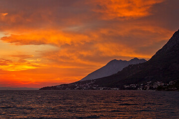 landscape a bright colourful sunset at sea. Adriatic Sea, Croatia
