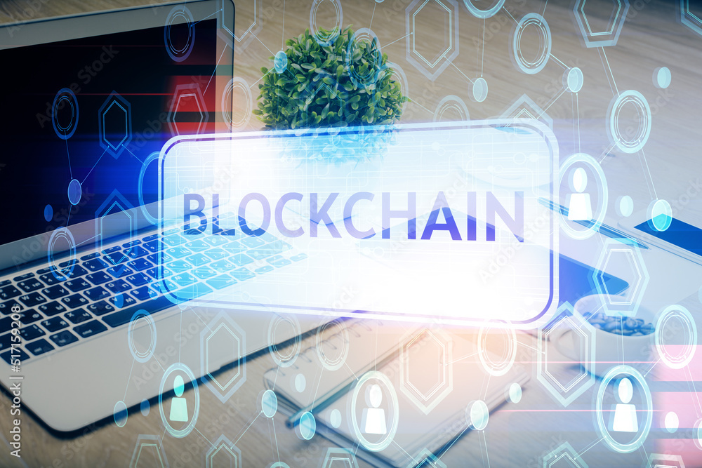 Poster Double exposure of blockchain and crypto economy theme hologram and table with computer background. Concept of bitcoin cryptocurrency.