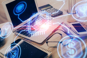 Double exposure of table with computer on background and data theme drawing. Concept of innovation.