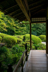 京都 詩仙堂の廊下と美しい夏の庭