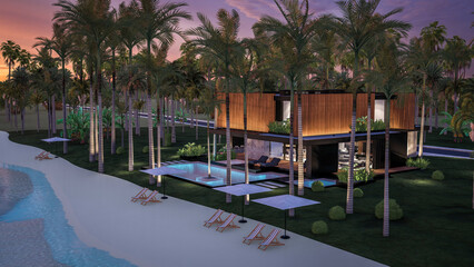 3d rendering of modern cozy house with parking and pool for sale or rent with wood plank facade by the sea or ocean. Sunset evening by the azure coast with palm trees and flowers in tropical island