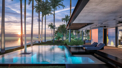 3d rendering of modern cozy house with parking and pool for sale or rent with wood plank facade by the sea or ocean. Sunset evening by the azure coast with palm trees and flowers in tropical island