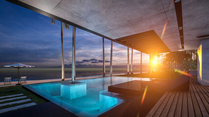 3d rendering of modern cozy house with parking and pool for sale or rent with wood plank facade by the sea or ocean. Sunset evening by the azure coast with palm trees and flowers in tropical island