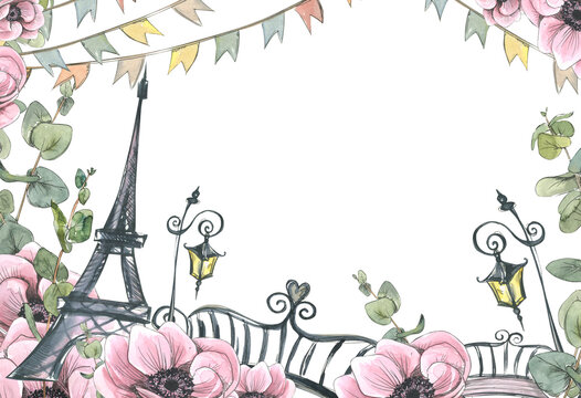 A frame with the Eiffel Tower, lanterns, a garland of flags and a bridge, anemone flowers and eucalyptus twigs. Watercolor illustration in sketch style with graphic elements from a large set of PARIS.