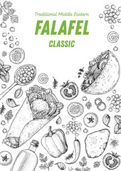 Falafel cooking and ingredients for falafel, sketch illustration. Middle eastern cuisine frame. Street food, design elements. Hand drawn, menu and package design. Vegan food.