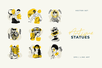 Antique statues illustration. Modern card, wall art. Yellow and Black shape. Line art.