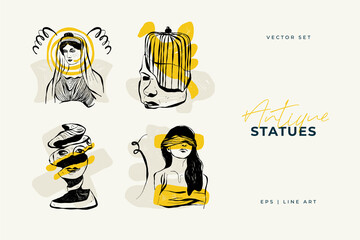 Fototapeta premium Antique statues illustration. Modern card, wall art. Yellow and Black shape. Line art.
