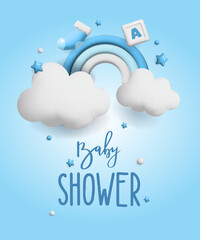 Baby shower 3d space. Banner poster on Baby shower in render style. Lettering baby. Vector illustration in 3 d style.