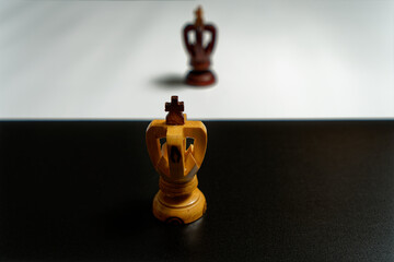 studio shot of black and white chess king on opositing background with boarder