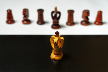 studio shot of black and white chess king on opositing background with boarder