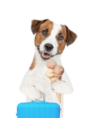 Happy Jack russell terrier puppy holds suitcase and ice cream. Isolated on white background