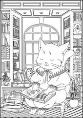 Cute cartoon kitten Read about Magic Flowers in the library full of books, toys, and flower pots. Children coloring page.