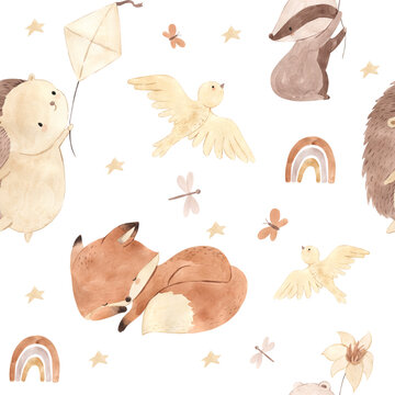 Forest animal watercolor seamless pattern illustration for kids