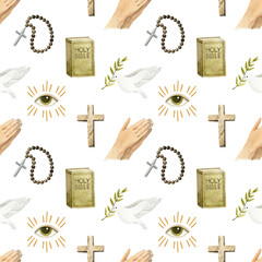 Religious seamless pattern. Bible, rosary, cross, all-seeing eye, dove of peace, hands in prayer. Watercolor illustration.