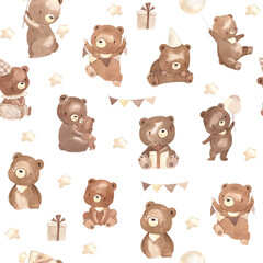 Bear watercolor seamless pattern illustration for kids