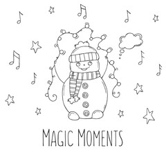 Cute snowman with stars and notes on a white background. Vector illustration in doodle style. Winter mood. Hello 2023. Merry Christmas and Happy New Year.