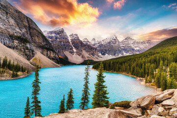 Colorful Moraine lake with mountain range in Canadian Rockies in the morning at Banff national park