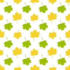 Autumn maple leaves seamless pattern, simple vector minimalist concept flat style illustration, yellow orange hand drawn natural floral ornament for invitations, textile, gift paper, autumn holiday de